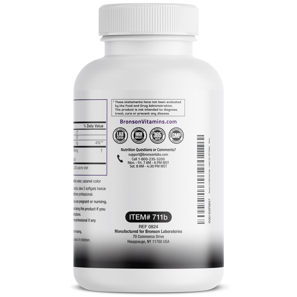 Bronson CLA 3000 Extra High Potency Supports Healthy Weight Management Lean Muscle Mass Non-Stimulating Conjugated Linoleic Acid 300 Softgels