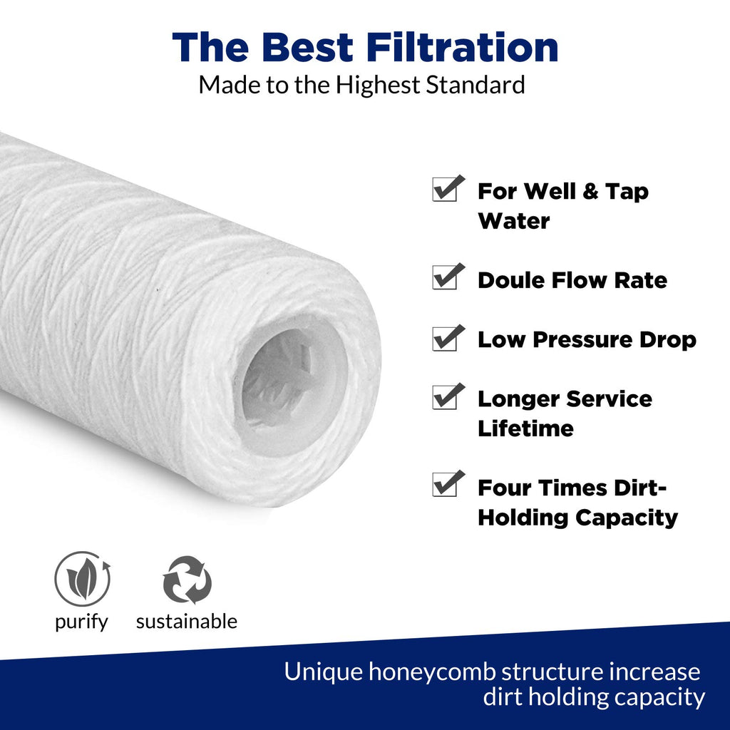 Membrane Solutions 10 Micron 10"x2.5" String Wound Whole House Water Filter Replacement Cartridge Universal Sediment Filters for Well Water - 6 Pack