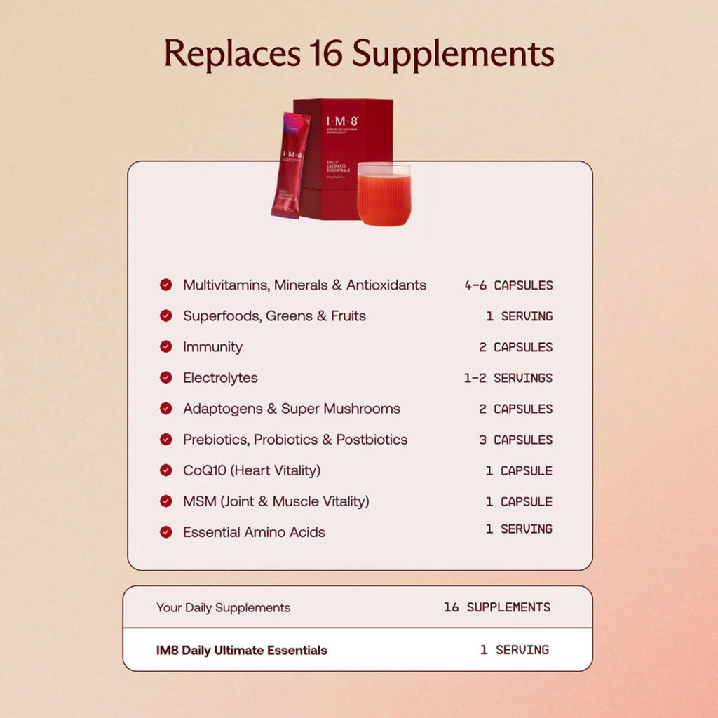 IM8 Daily Ultimate Essentials All-in-One Multivitamin Supplement, 92 Nutrient Rich Ingredients CoQ10, Probiotics, Vitamins, Greens, Gluten Free, Vegan (90 Packets, Acai and Mixed Berries)