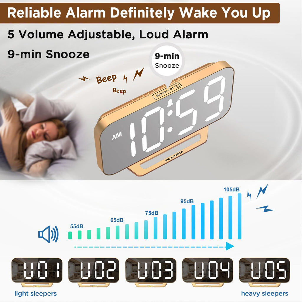 Peakeep Slim Digital Mirror Aesthetic Alarm Clock for Bedrooms Desk Decor