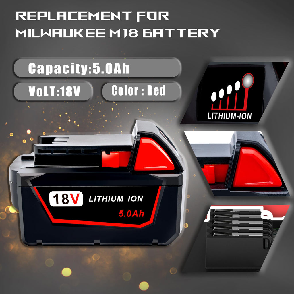 Epowon Replace Battery for Milwaukee M18 Battery 5.0ah and Charger Combo,Compatible with Milwaukee M18 Cordless Power Tools 18V Lithium Battery