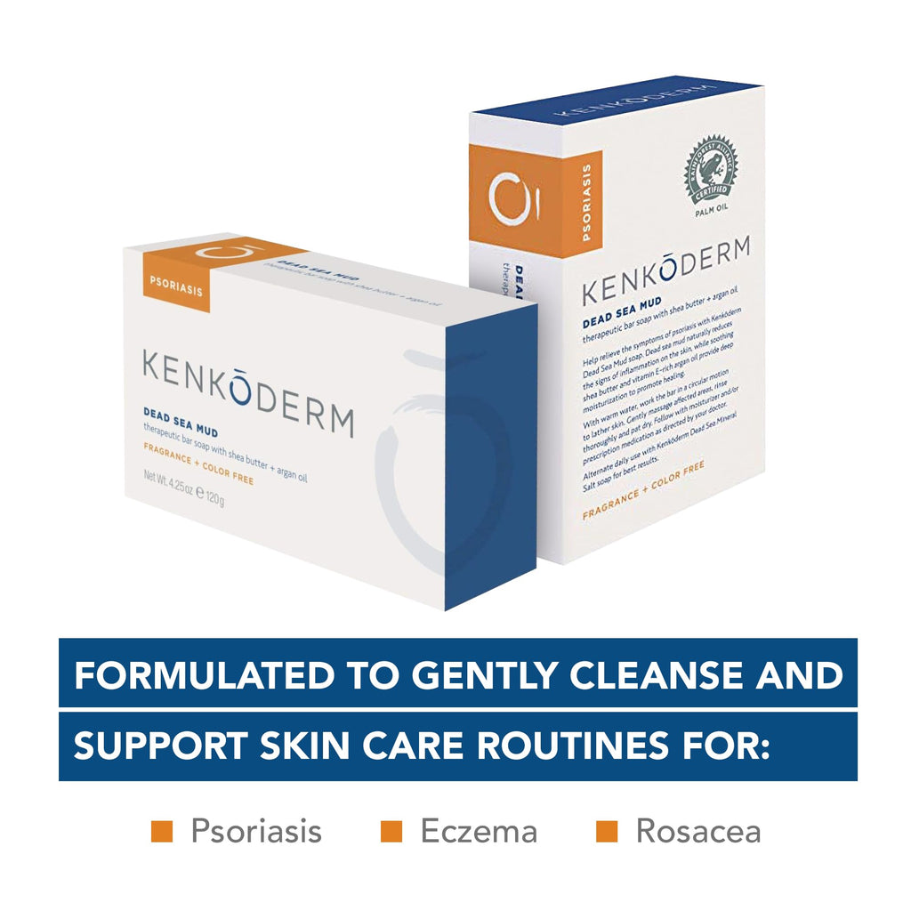 Kenkoderm Psoriasis Dead Sea Mud Soap with Argan Oil & Shea Butter, Natural Exfoliating Body & Face Cleanser for Sensitive Skin, Fragrance & Color-Free, 4.25 Ounce, 4 Bars