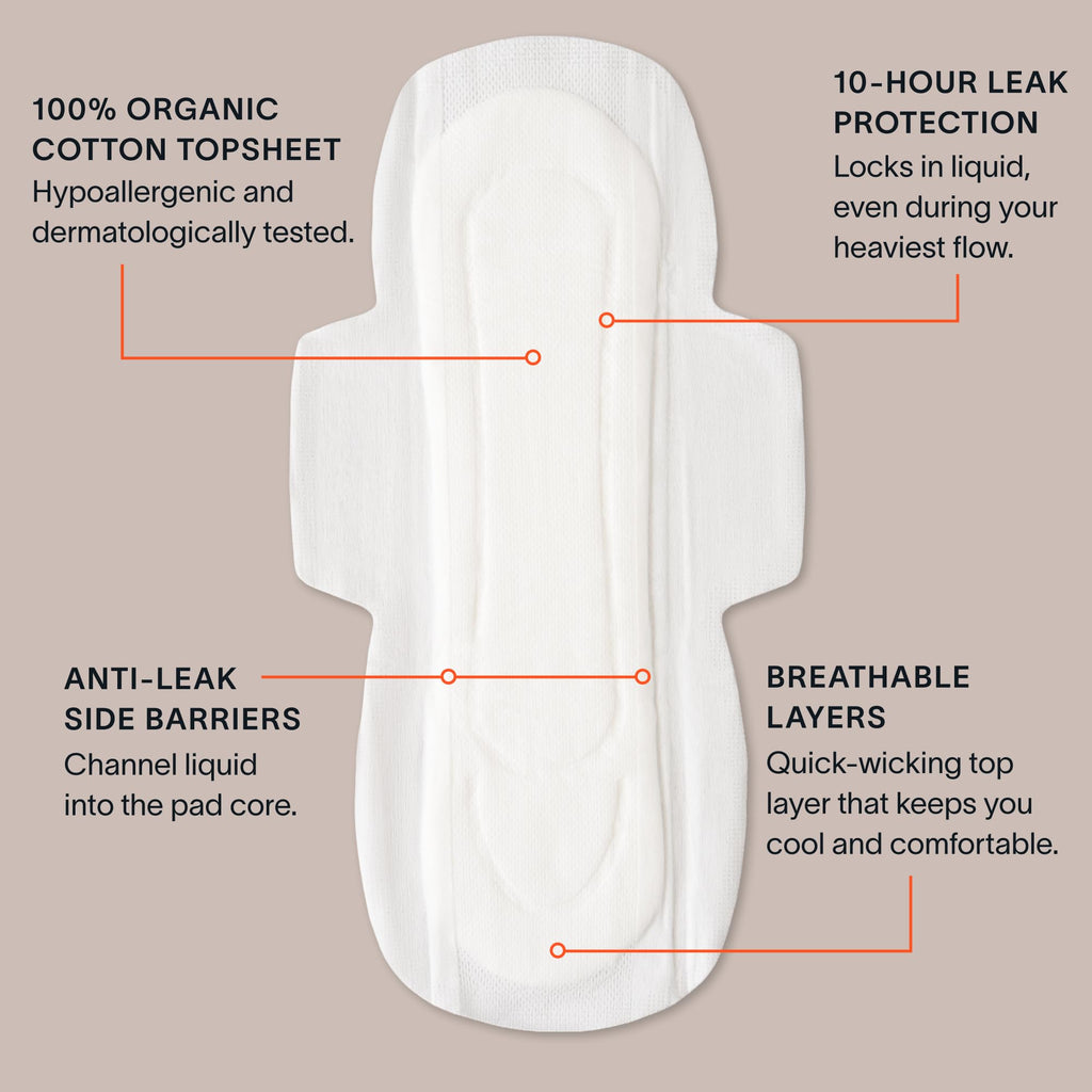 Cora 100% Organic Cotton Topsheet Pads Maxi Overnight Pads (48 Count)