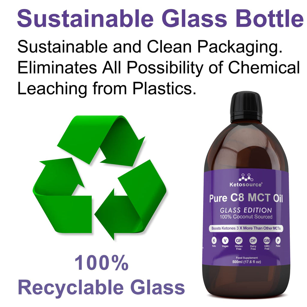 Pure C8 MCT Oil | Glass Bottle | Boosts Ketones 4X Versus Other MCTs | Highest 99%+ Lab Tested Purity | 100% Coconut Sourced | Supports Keto & Fasting | Vegan | Bulletproof Coffee | 500ml Ketosource®