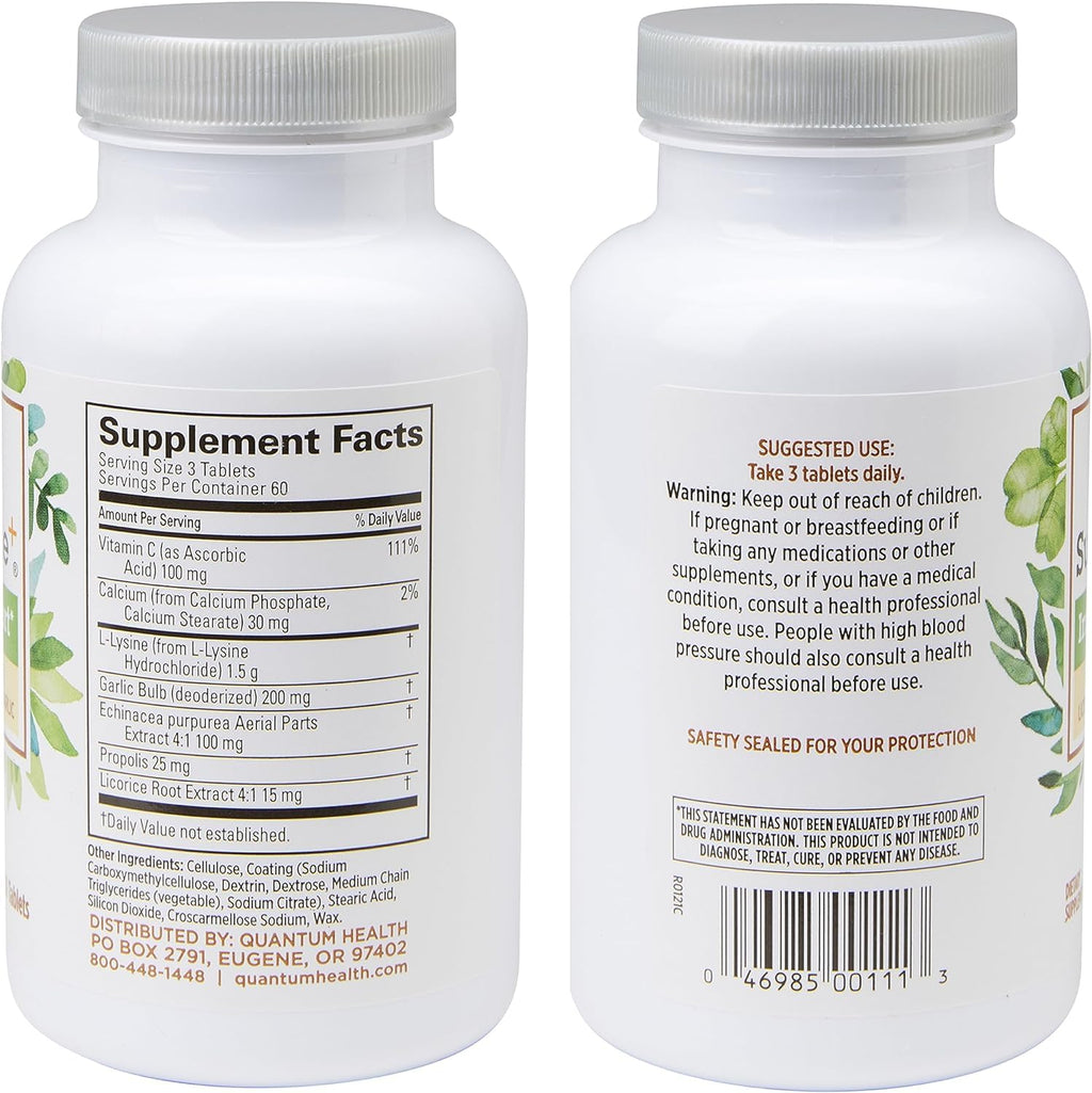 Quantum Health SuperLysine+ Advanced Formula Immune Support Supplement Lysine 1500 mg, Vitamin C Echinacea Licorice Bee Propolis & Odorless Garlic - 180 Tablets (Pack of 2)