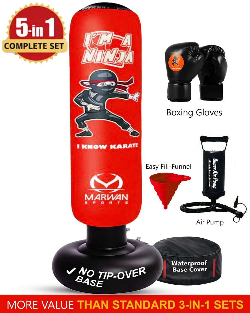Marwan Sports Kids Punching Bag Toy Set, Inflatable Boxing Bag Toy for Boys Age 3-12, Ninja Toys for Boys, Christmas,Birthday Gifts for Kids 4,5,6,7,8,9,10 Years Old (Red Ninja)