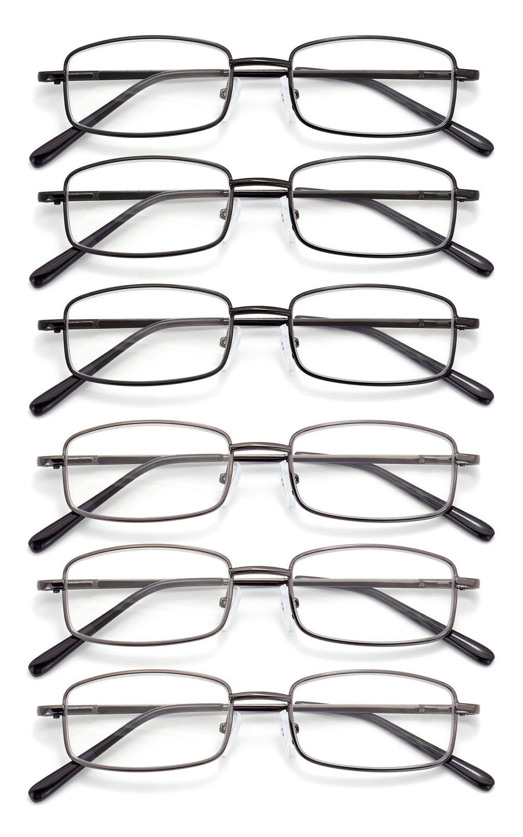 Autojouls 6-Pack Metal Reading Glasses Blue Light Blocking Spring Hinge Readers Lightweight Sturdy Comfortable, 3 Black 3 Gunmetal 2.0 x