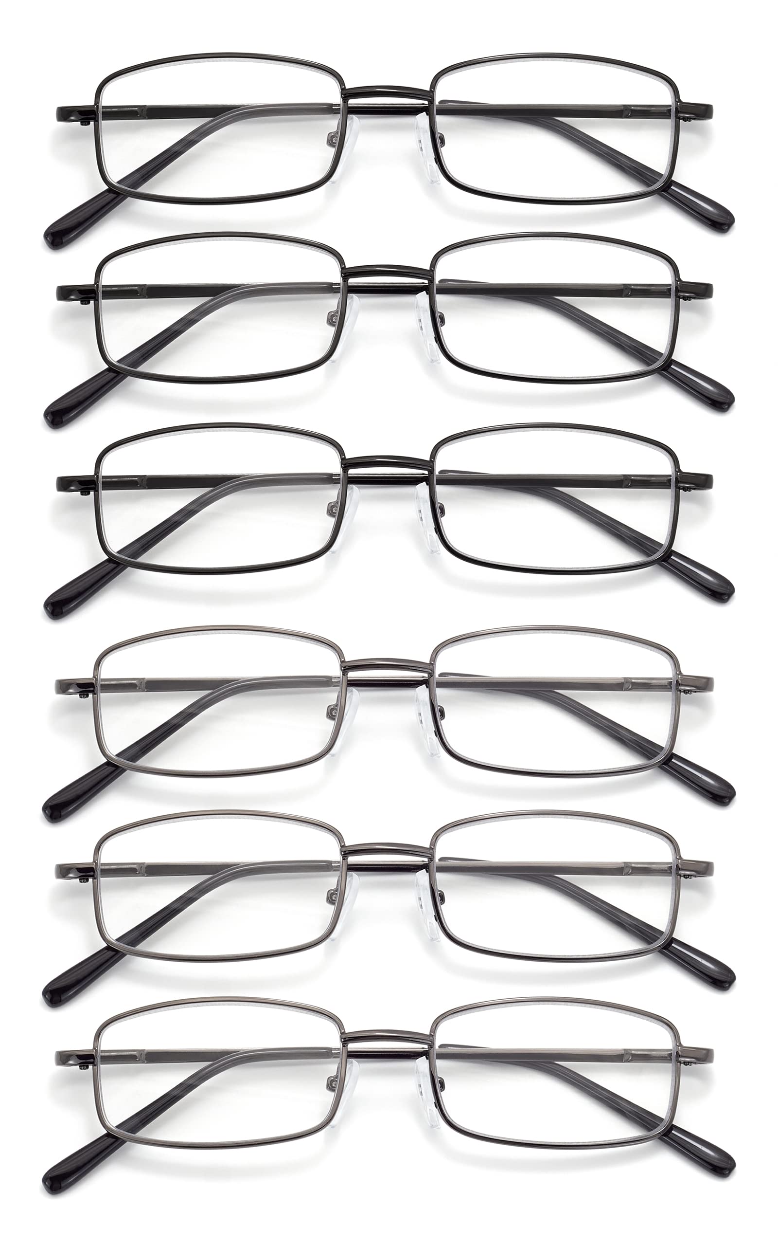 Autojouls 6-Pack Metal Reading Glasses Blue Light Blocking Spring Hinge Readers Lightweight Sturdy Comfortable, 3 Black 3 Gunmetal 2.0 x
