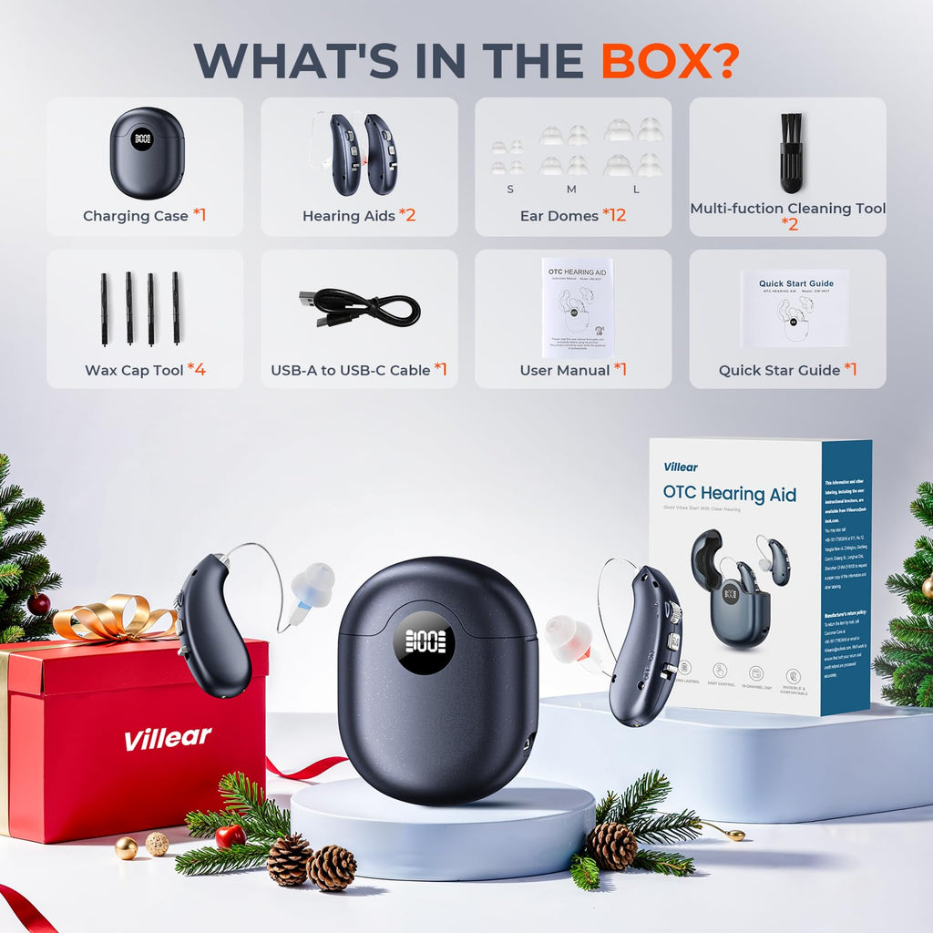 Villear OTC Hearing Aids for Seniors, 16-Channel Digital Chip for Clear Speech, Intelligent Noise Reduction & Anti-Howling, 80Hrs Rechargeable, Invisible Comfortable Fit for People with Hearing Loss
