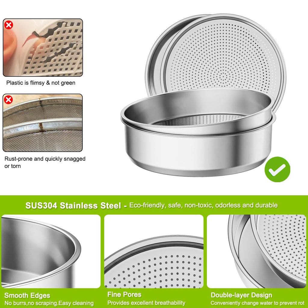 FANHAO 2 Pack Stainless Steel Seed Sprouter Trays, Food-Grade Microgreens Growing Tray, Soil-Free Cultivation Germination Tray for Indoor or Outdoor Sprouting Seeds, Grow Grass, Beans (Without Lids)