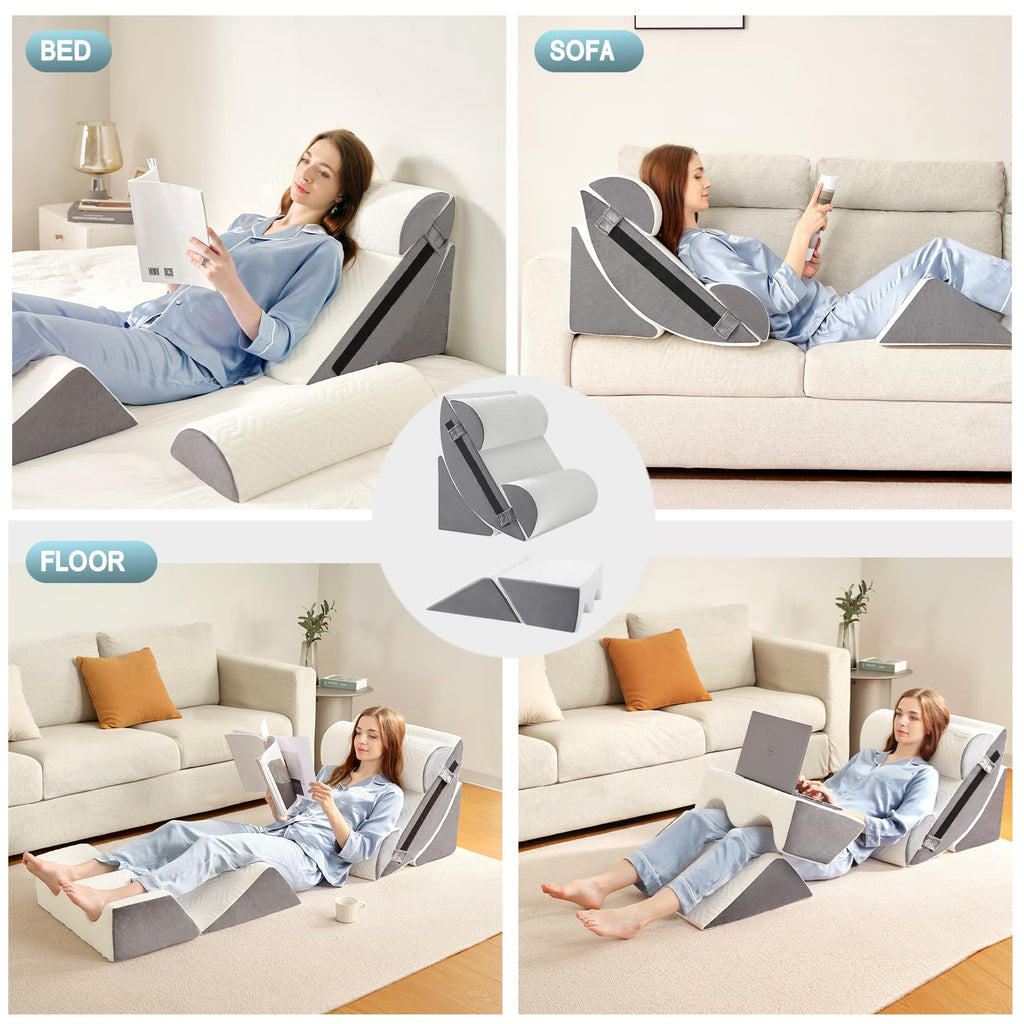 Yojoker 6pcs Orthopedic Bed Wedge Pillow Set for Sleeping, Post Surgery Foam for Body, Back and Leg Pain Relief Comfortable & Adjustable Support Pillows-Anti Snoring, Heartburn