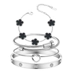MAOCEN Womens 4Pcs Stackable Floral Gold Bracelets Stainless Steel Bangle Bracelets Non Tarnish Silver Set Trendy Jewelry Gifts for Womens (Silver and Black, Medium 6.5in)