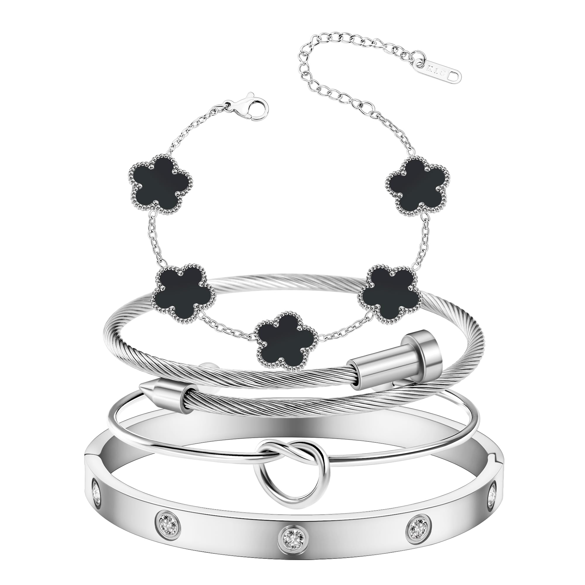 MAOCEN Womens 4Pcs Stackable Floral Gold Bracelets Stainless Steel Bangle Bracelets Non Tarnish Silver Set Trendy Jewelry Gifts for Womens (Silver and Black, Medium 6.5in)