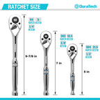 DURATECH 3-Piece Drive Ratchet, 1/4", 3/8", 1/2" 90-Tooth Quick-Release Ratchet Wrench, Reversible, Cr-V Made, Full Polished - with Plastic Insert Storage Box, Gifts for Men, Women, Dad