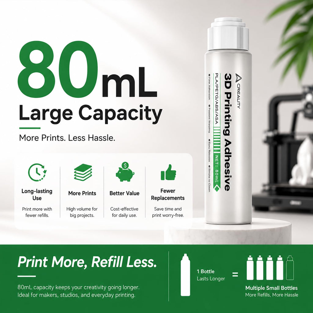 Creality 3D Printer Adhesive Glue for Bed Adhesion 80mL Large Capacity Liquid 3D Printer Glue Anti-Warping Low Odor Easy Clean Creality Glue for PLA PETG ABS ASA Fits All FDM 3D Printer (Pack of 1)