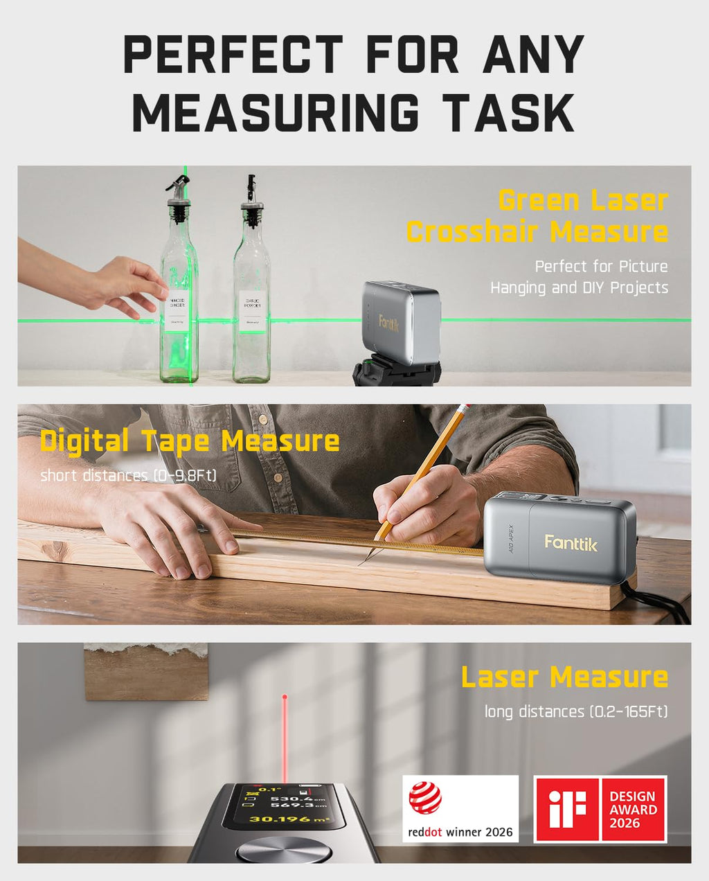 Fanttik A10 Apex 3-in-1 Digital Laser Tape Measure with HD Color Display, 165Ft Rechargeable Laser Measurement & 32Ft Green Cross Line Laser & 9.8Ft Tape, 6 Units, for Distance/Area/Volume/Leveling