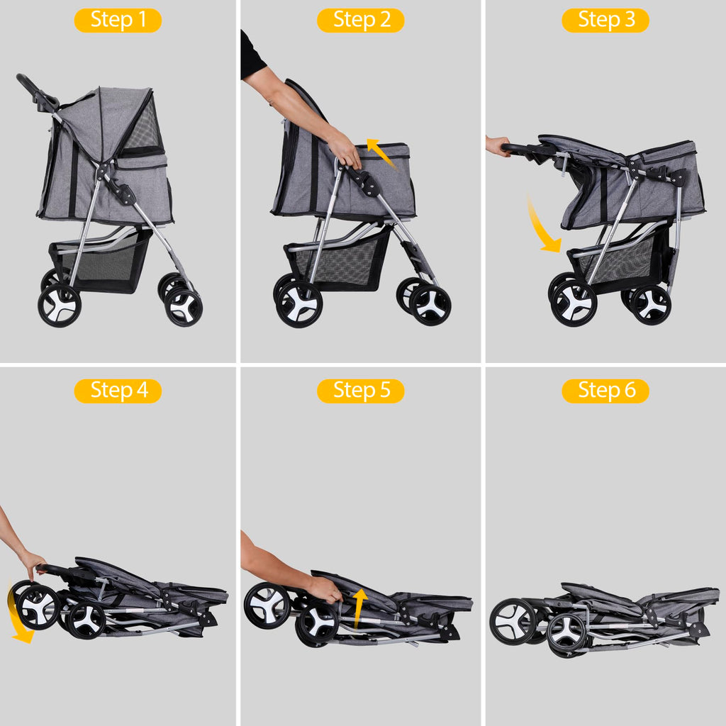 ZENY Foldable Pet Stroller, Cat/Dog Stroller with 4 Wheel, Pet Travel Carrier Strolling Cart with Storage Basket, Cup Holder (Grey)