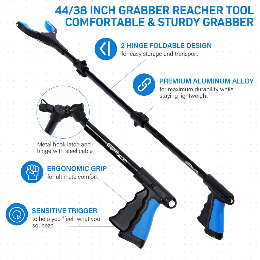 GrabRunner 38 Inch & 44 Inch Extra Long Grabber Reacher Tool Set – Extendable Reacher Grabber Pickup Tools for Seniors, Disabled and Hard-to-Reach Areas, Ergonomic Grip & Lightweight Design（Blue）