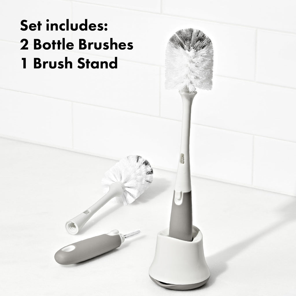 OXO Tot Baby Bottle Brush with Nipple Cleaner and Stand, Gray 2-Pack