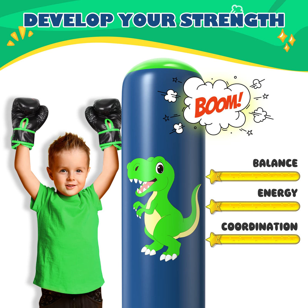 QPAU Punching Bag for Kids 3-6, Inflatable Dinosaur Toy, 48 in, Green