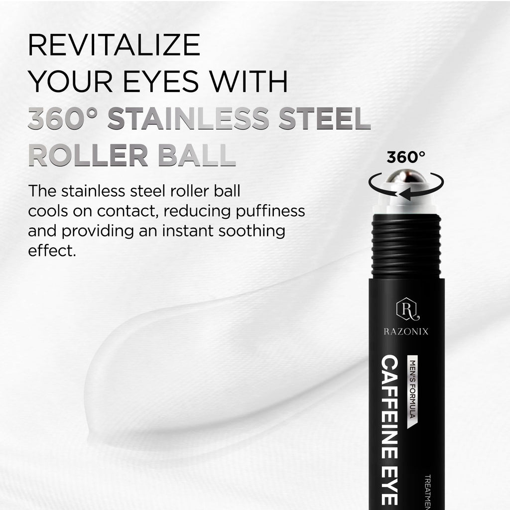 RAZONIX Eye Bags Treatment for Men: Caffeine Eye Roller for Puffy Eyes and Puffiness – Under Eye Cream for Dark Circles (Medium, Unscented)