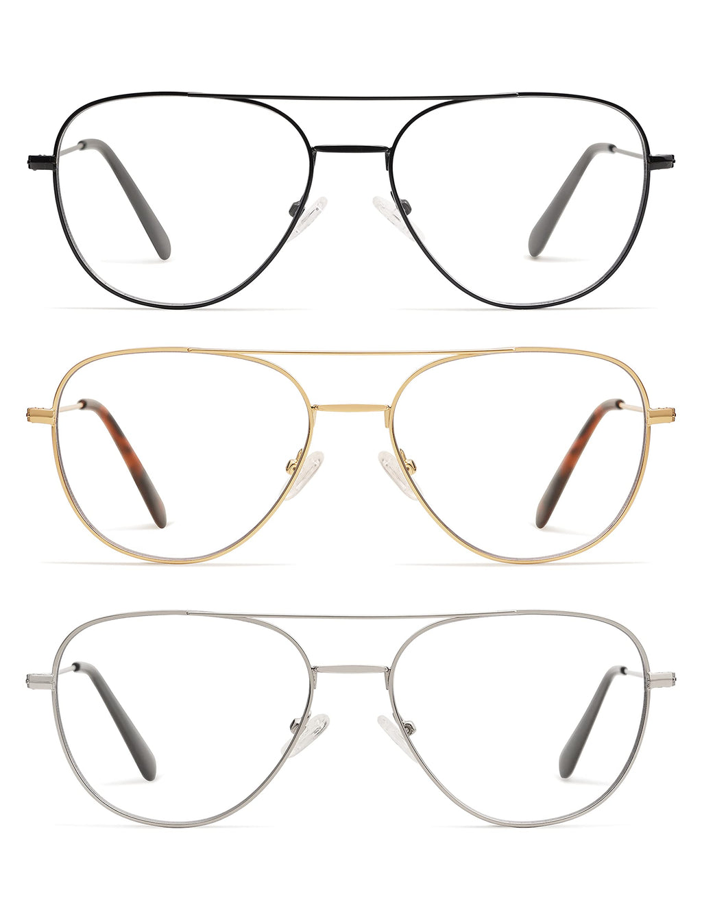 3-Pack Retro Aviator Reading Glasses for Men Women Trendy Square Blue Light Blocking Computer Readers Metal AM6092 Mix (+2.00 Magnification Strength)