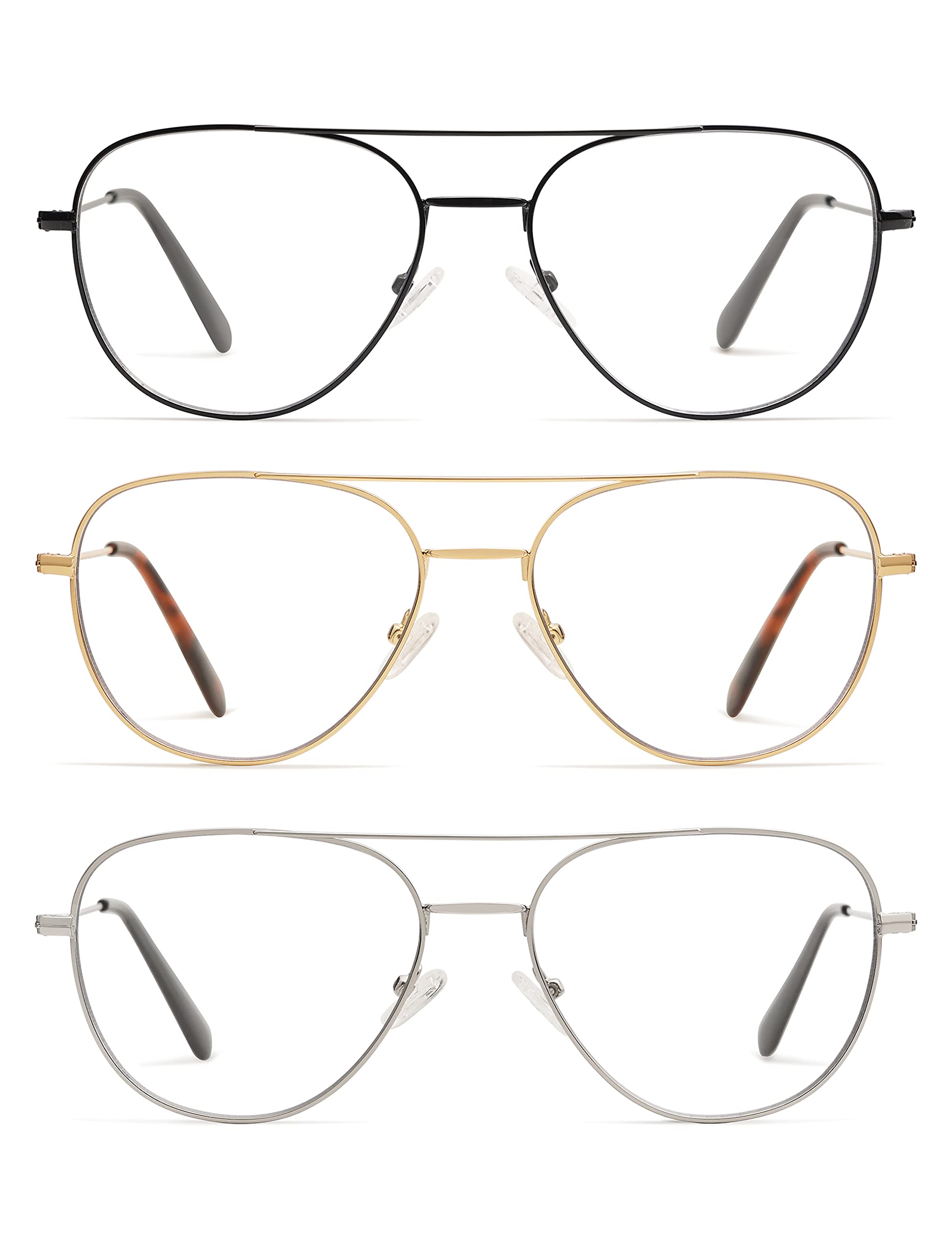 3-Pack Retro Aviator Reading Glasses for Men Women Trendy Square Blue Light Blocking Computer Readers Metal AM6092 Mix (+2.00 Magnification Strength)