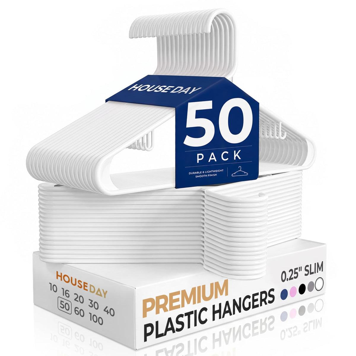 HOUSE DAY White Plastic Hangers 50 Pack, Slim Space-Saving Clothes Hangers