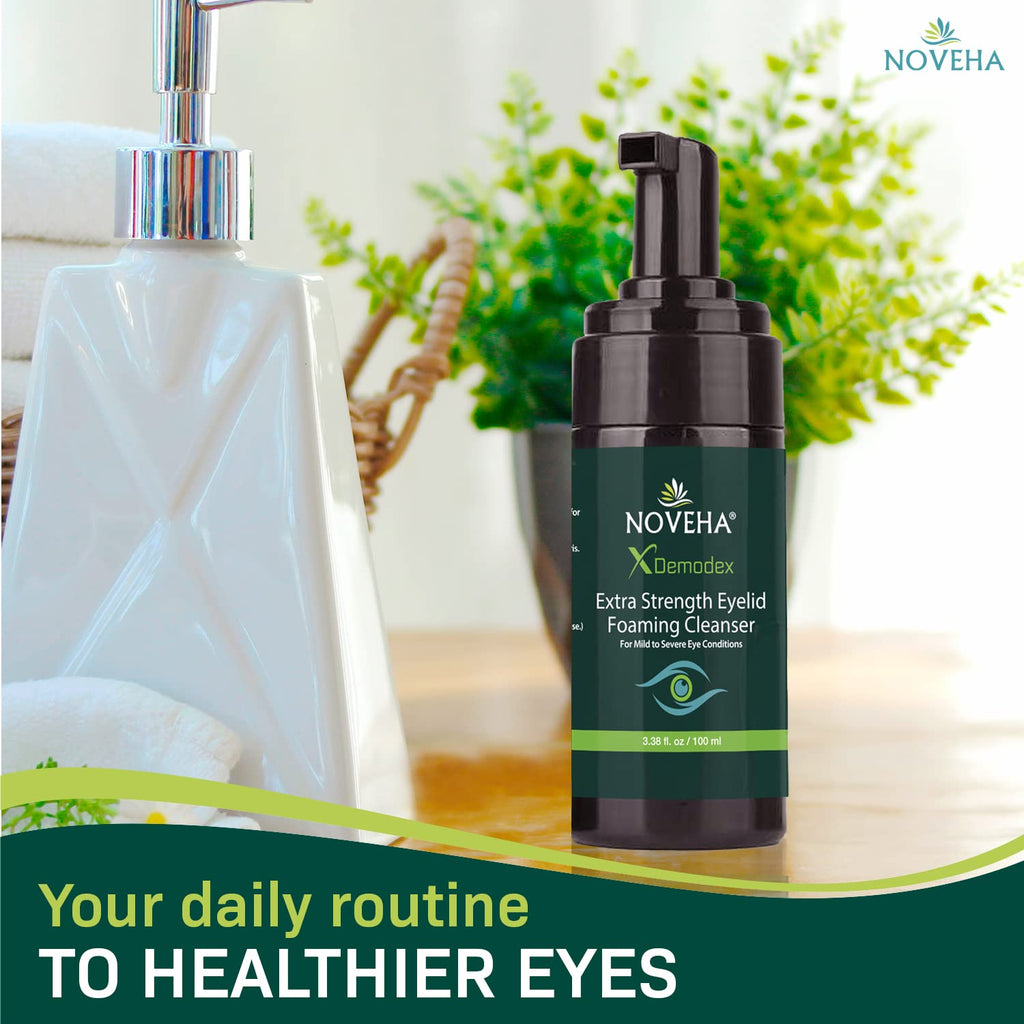 NOVEHA Demodex Eyelid Cleanser Foam | Extra Strength Tea Tree Oil Formula | Daily Face Wash For Eyelash, Demodex, MGD, Stye Eyes, Eye Irritations & Skin Dryness, 3.38 fl. oz. (100ml) - (Pack of 2)