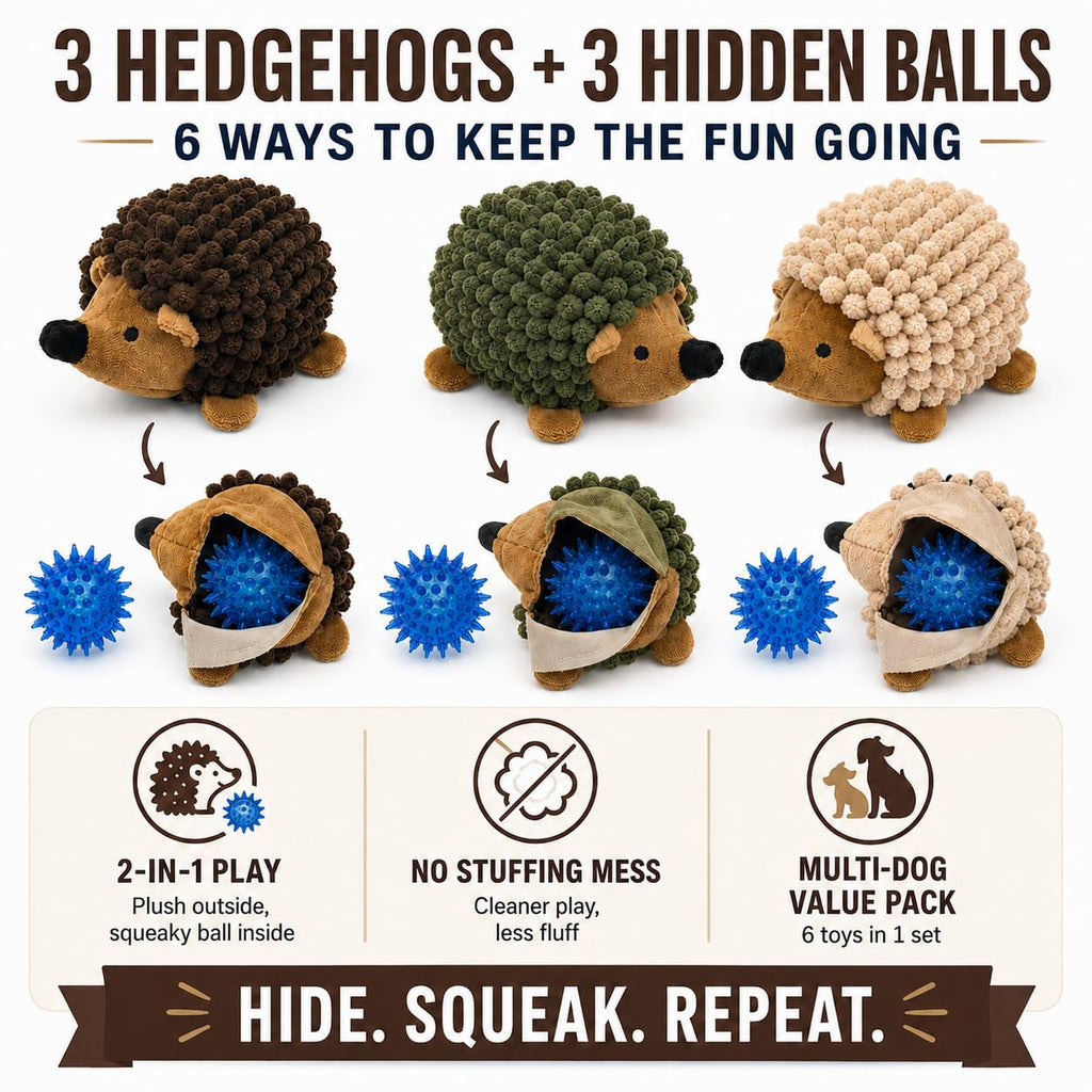 2-in-1 No-Stuffing Hedgehog Dog Toys 3 PCS, Squeaky Ball for Throwing Play