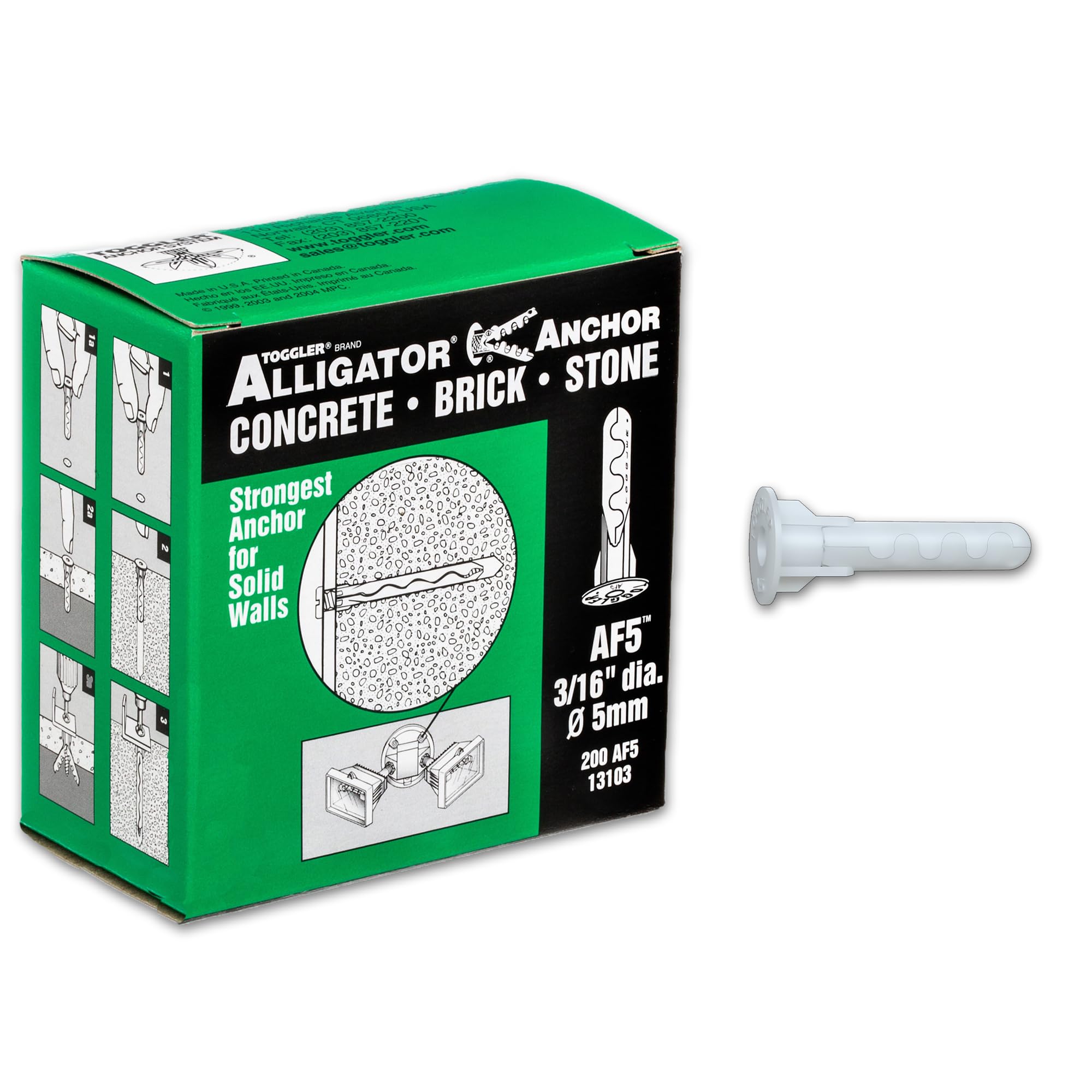 TOGGLER Alligator AF5 Flanged Polypropylene Anchors, Heavy Duty Wall Anchors for Concrete Brick Stone & Drywall Fits #4–#9 Screws, 3/16" Size, 75lb in 1/2" Drywall, (Pack of 200 Screws not Included)