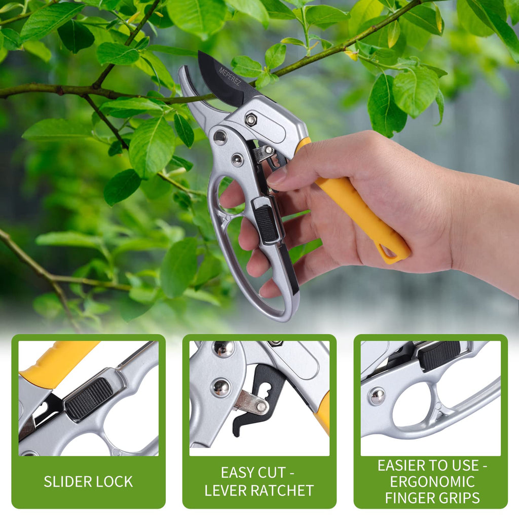 MEPEREZ Premium pruning shears for gardening, Work 3 times easier, Pruners heady duty, Sharp garden clippers cuting florist flower, hedge, herb, rose, Indoor live plants, Arthritis weak hand snips