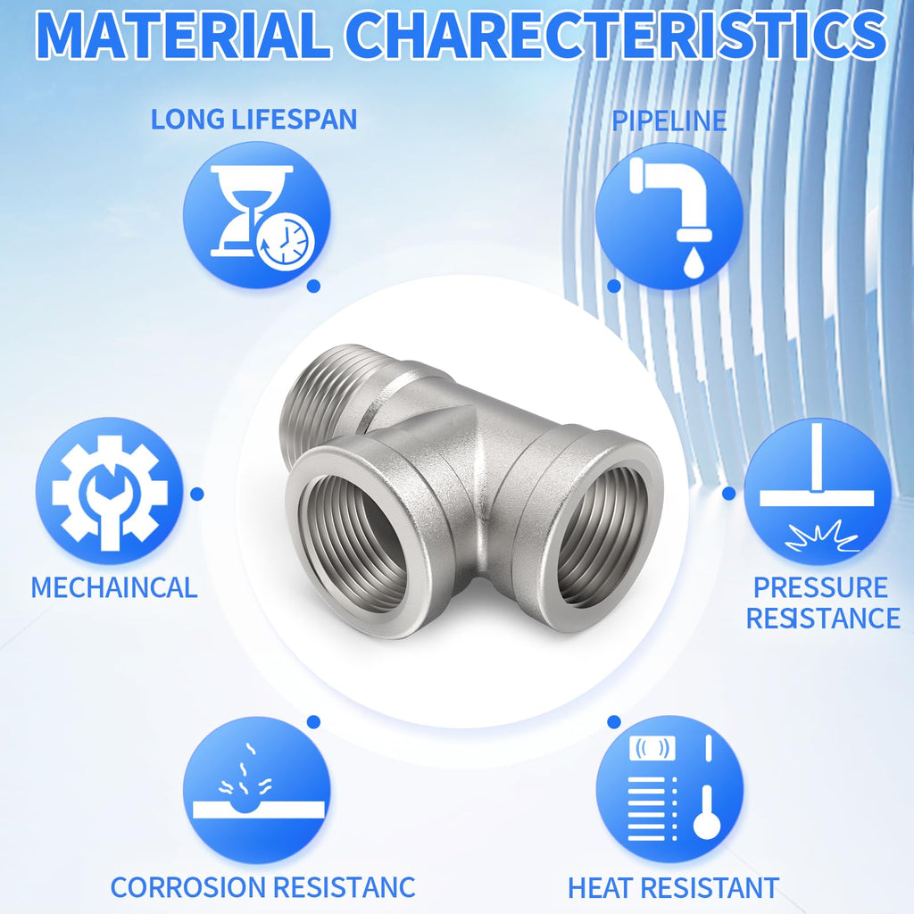 ChillWaves 304 Stainless Steel Pipe Fitting, Male Run Tee 1/2" NPT Female x 1/2" NPT Female x 1/2" NPT Male Thread Adapter(2-PACK)