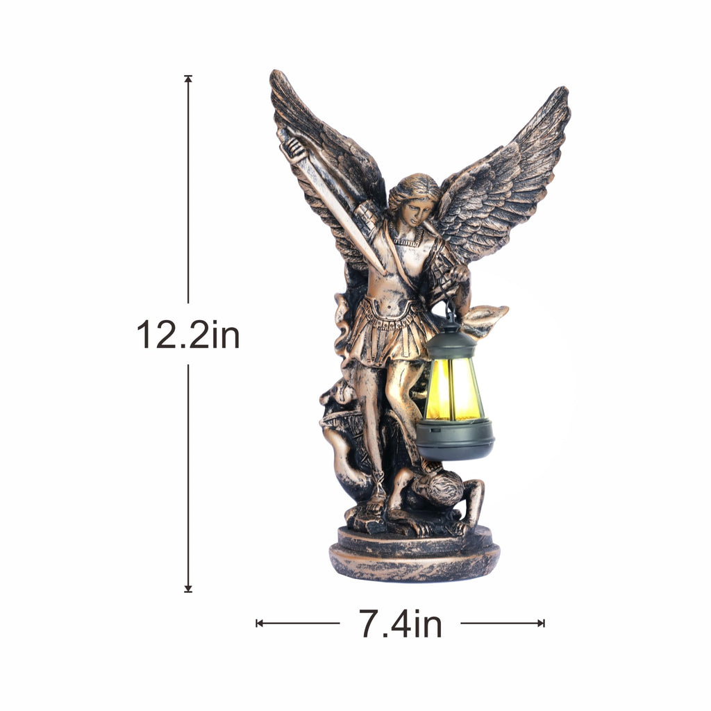 Solar San Miguel Arcangel Outdoor Garden Decor Statues 12.4" Solar St Michael the Archangel Satue for Yard Patio Lawn Porch Decorations Resin St Michael Figurine Religious Collection Sculptures Gifts