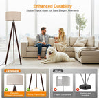 LEPOWER Wood Tripod Floor Lamp, Mid Century Standing Lamp, Modern Design Studying Light for Living Room, Bedroom, Study Room and Office, Flaxen Lamp Shade with E26 Base Walnut