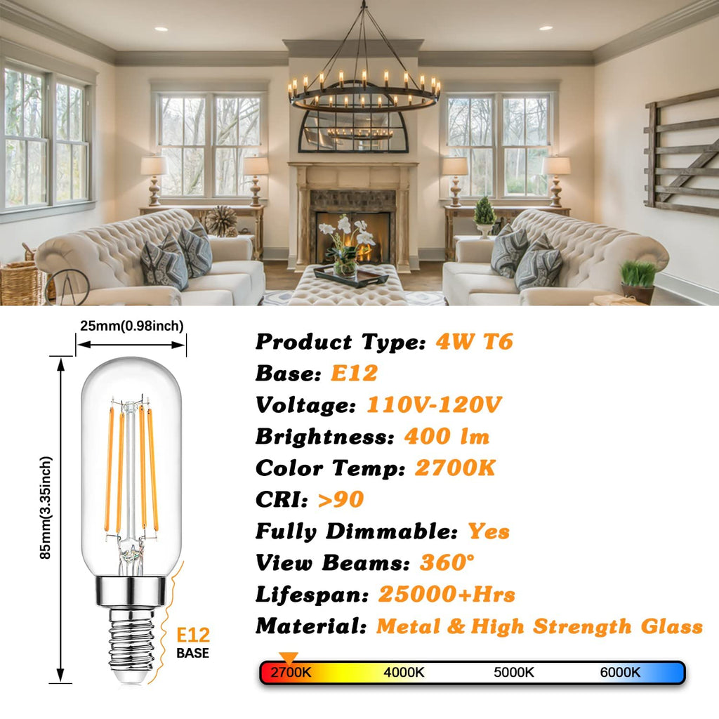 E12 Edison LED Light Bulbs 40 Watt Equivalent Candelabra, Dimmable 2700K Warm White T6 Clear LED Bulbs 4W 400lm Vintage T25 for Chandelier Ceiling Fan, Tubular Small Filament Bulbs, 6 Packs