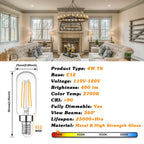 E12 Edison LED Light Bulbs 40 Watt Equivalent Candelabra, Dimmable 2700K Warm White T6 Clear LED Bulbs 4W 400lm Vintage T25 for Chandelier Ceiling Fan, Tubular Small Filament Bulbs, 6 Packs