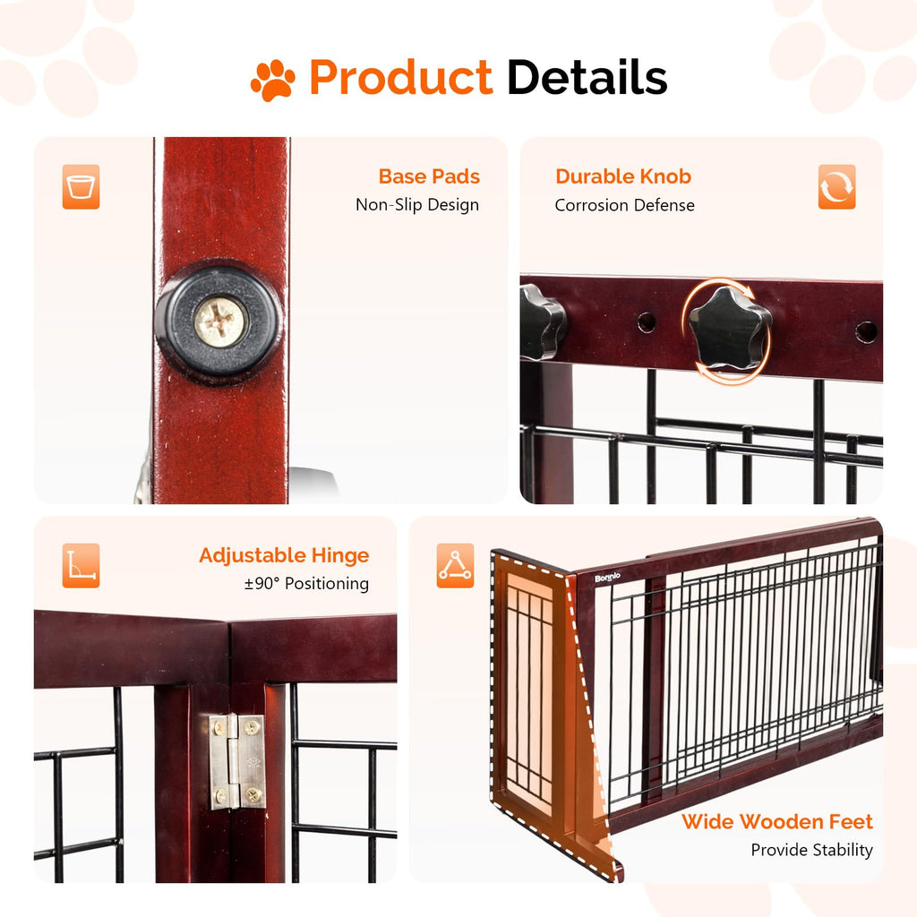 Bonnlo Free Standing Dog Gate, 39" - 68" Wide Pet Gate for Fireplace Stairs Doorways, Wooden Adjustable Pet Fence Indoor, Christmas Tree Gate (Cherry)