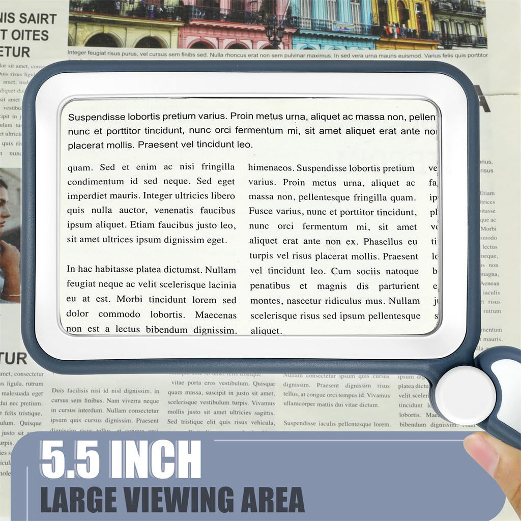 Magnifying Glass for Reading, Rechargeable 5X Large Page Magnifier with Light, Folding Handheld Dimmable Rectangle Lighted Magnifier for Reading Book Small Print for Seniors Low Vision, Blue White