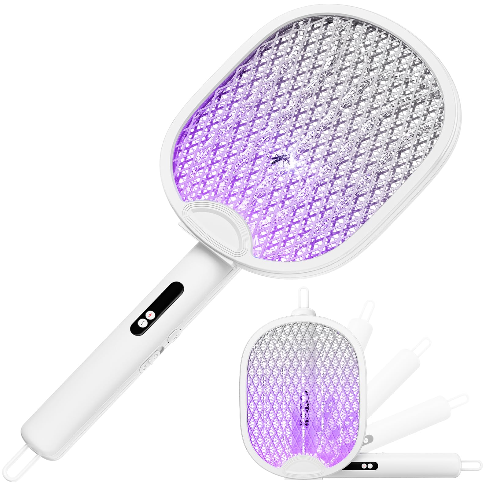 WOCVRYY Electric Fly Swatter 4000V Bug Zapper Racket with 1800mAh Rechargeable Battery 5-Layer Safety Mesh Dual Modes 180° Foldable Ideal for Indoor or Outdoor Use (White)