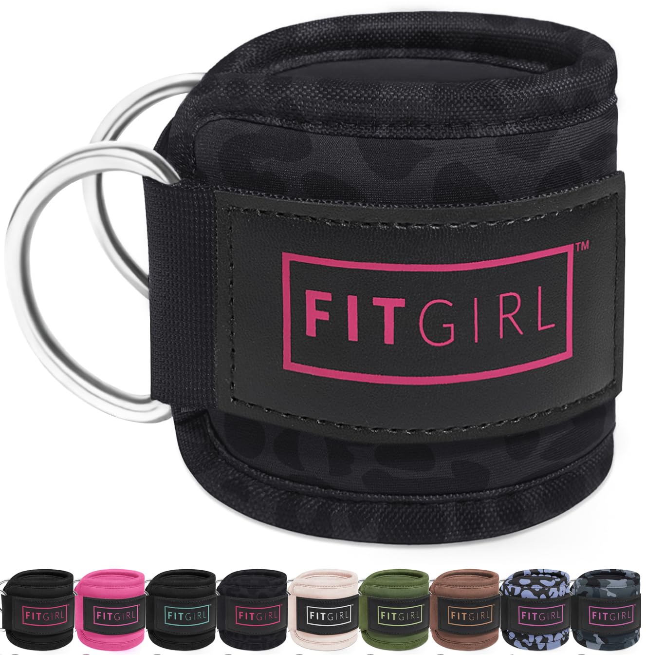 FITGIRL - Ankle Strap (Pair) for Cable Machines and Resistance Bands, Work Out Cuff Attachment for Home & Gym, Glute Workouts - Kickbacks, Leg Extensions, Hip Abductors, Women Only (Black Leopard)