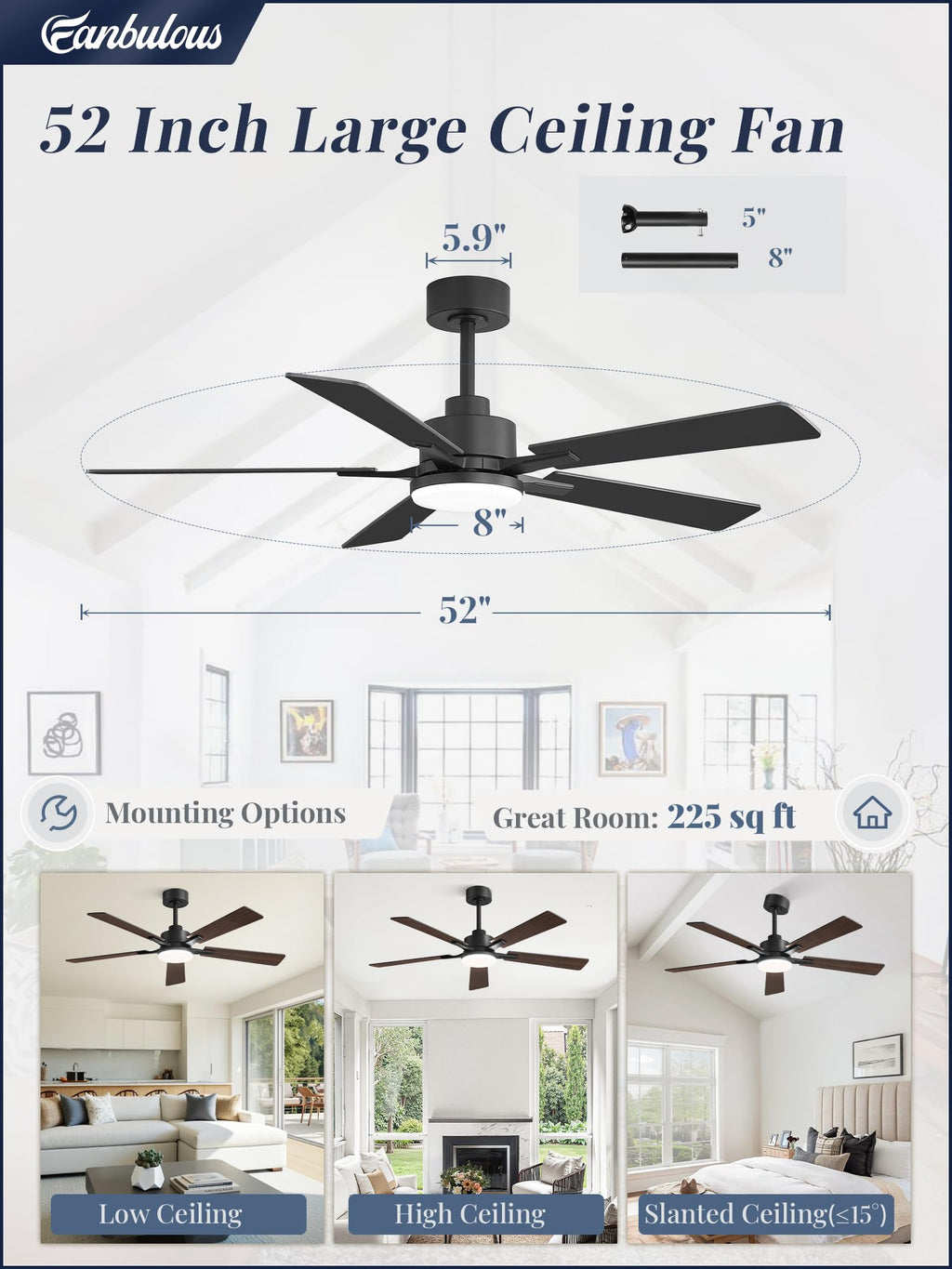 52 Inch Ceiling Fan with Light and Remote, 6 Speeds Reversible DC Motor Ceiling Fans for Bedroom Living Room Patio, 3CCT Dimmable LED, 5 Wood Blades, Downrod Mount, Sloped Ceiling Compatible