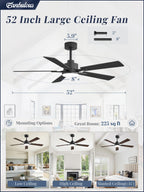 52 Inch Ceiling Fan with Light and Remote, 6 Speeds Reversible DC Motor Ceiling Fans for Bedroom Living Room Patio, 3CCT Dimmable LED, 5 Wood Blades, Downrod Mount, Sloped Ceiling Compatible