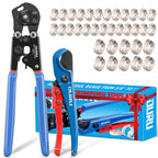 OURU 2 IN 1 Ratchet Pex Crimping Tool Cinch and Remove Combo Function Pex Pipe Crimp Tool from 3/8" to 1" Pex Crimper with Pex Cutter and Stainless Steel Pex Clamps 1/2" 25PCS,3/4" 10PCS
