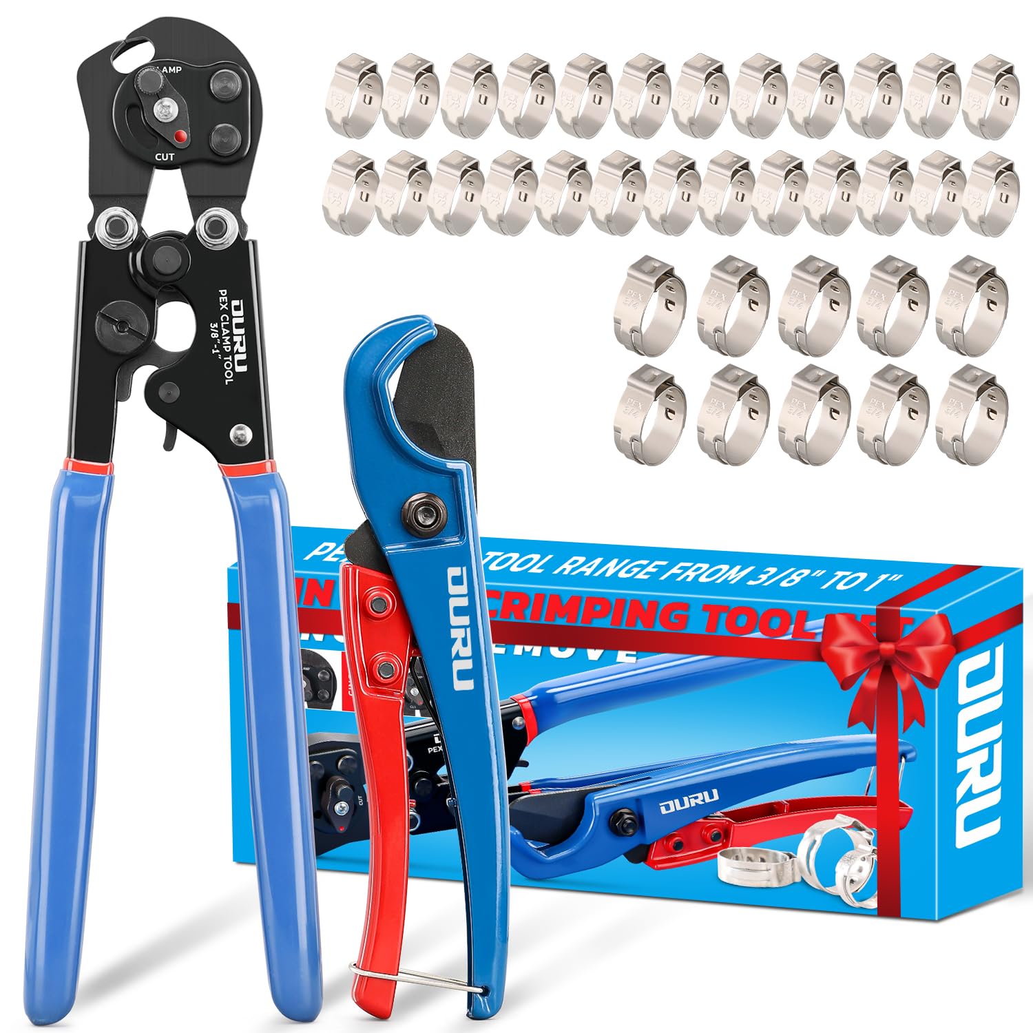 OURU 2 IN 1 Ratchet Pex Crimping Tool Cinch and Remove Combo Function Pex Pipe Crimp Tool from 3/8" to 1" Pex Crimper with Pex Cutter and Stainless Steel Pex Clamps 1/2" 25PCS,3/4" 10PCS