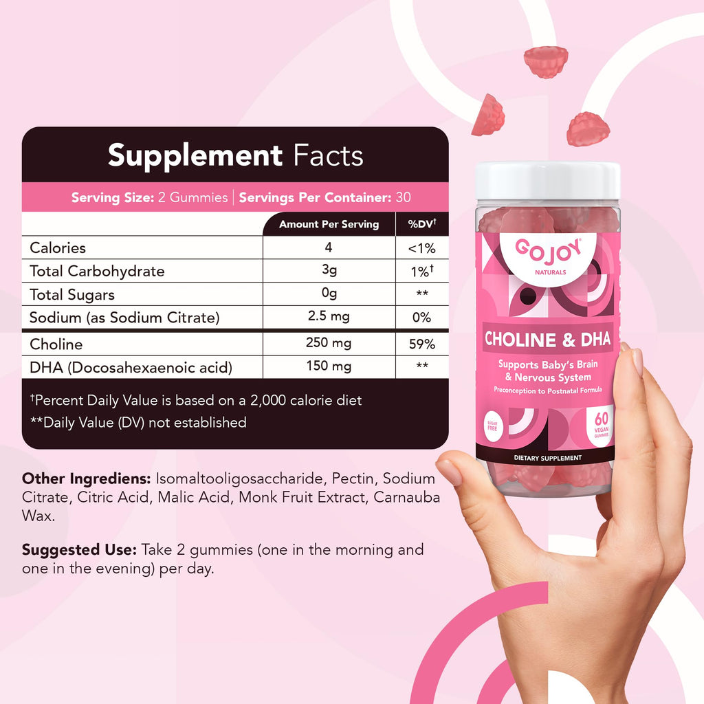 GOJOY NATURALS Prenatal Choline & DHA Gummies - Preconception to Postnatal Gummy Vitamin Supplement for Pregnant Women - Sweetened with Monk Fruit - 3rd Party Tested - Non GMO, Gluten Free, Vegan