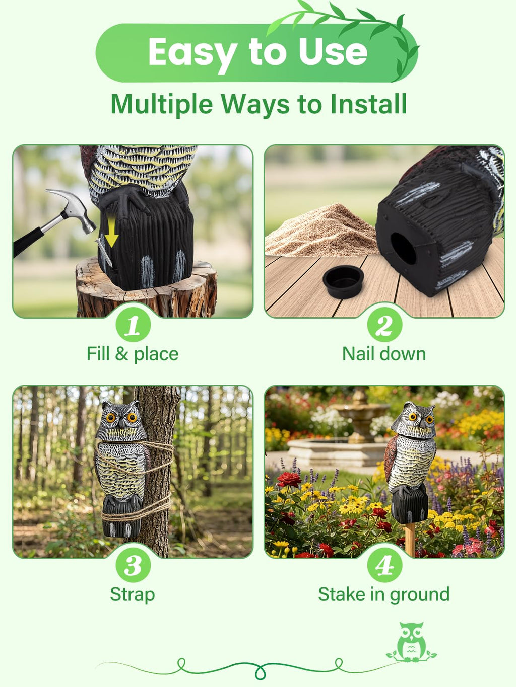 Owl Decoys to Scare Birds Squirrels Away, 360 Rotating Head Activated