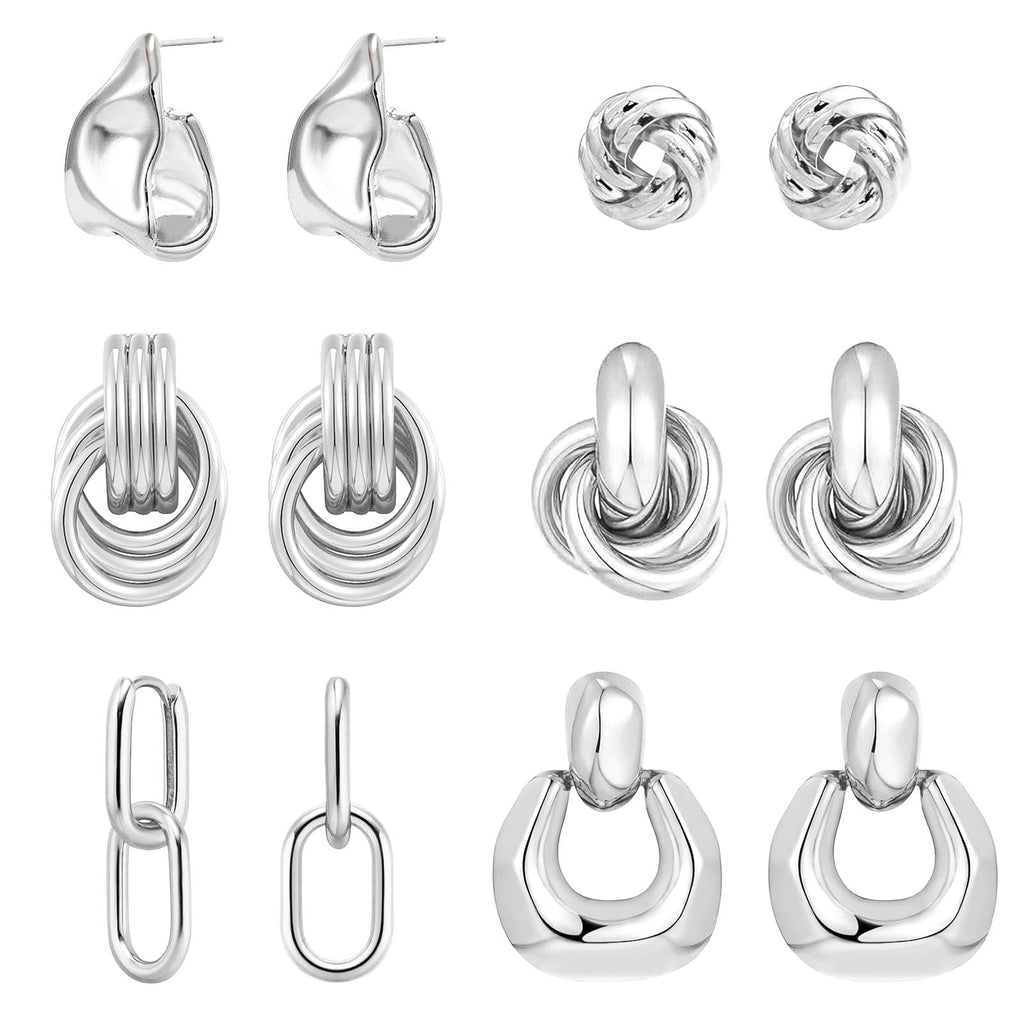 QJLE 6 Pairs Silver Dangle Earrings for Women Geometric Knot Statement Drop Earrings Lightweight Huggie Earrings Trendy Jewelry Gifts