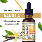 (2 Pack) Organic Vitamin D3 K2 Drops with MCT Oil Omega 3, 5000 IU - Maximum Strength Vitamin D Liquid, No Fillers, Non-GMO Liquid D3 for Faster Absorption and Immune Support (Vanilla, 1 Fl OZ x 2)