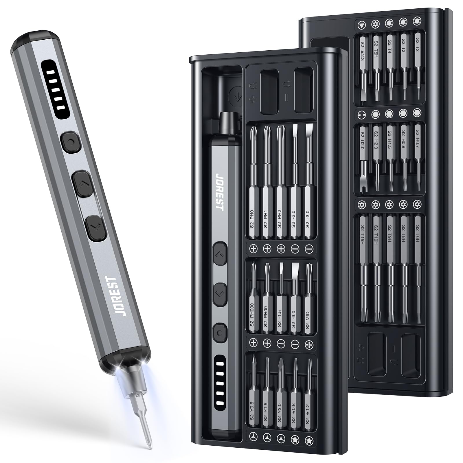 JOREST Mini Electric Screwdriver, Small Cordless Precision Screwdriver set with 38 Magnetic Bits, 5 Torque Settings, Repair Tool for iPhones, Laptop, Drone, Game Console, Camera; Gift for Father